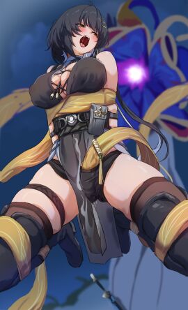 absurdres arms_behind_back bare_shoulders black_dress black_footwear black_hair black_shorts boots breasts commentary_request dress female female_rover_(wuthering_waves) grey_hair hair_ornament hairclip highres large_breasts long_hair low_ponytail monster multicolored_hair open_mouth pelvic_curtain restrained rover_(wuthering_waves) ry_(100880675) short_shorts shorts sleeveless sleeveless_dress suspension tentacle tentacle_sex thigh_boots two-tone_hair wuthering_waves yellow_eyes