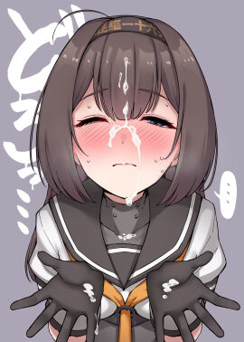 ... absurdres akizuki_(kantai_collection) black_gloves black_hairband black_sailor_collar blue_eyes blush closed_eyes closed_mouth clothes_writing cum cum_on_face cum_on_hands facial female gloves hachimaki hairband highres kantai_collection kiritto neckerchief one_eye_closed sailor_collar school_uniform serafuku simple_background solo sound_effects spoken_ellipsis sweat upper_body
