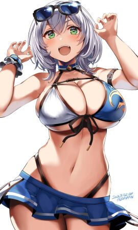 1girls artist_name bare_shoulders belko bikini bikini_top blue_skirt blush breasts cleavage dated female female_focus green_eyes hi_res hololive hololive_fantasy hololive_japan large_breasts looking_at_viewer navel open_mouth shirogane_noel short_hair skirt solo teeth tongue upper_teeth virtual_youtuber white_background white_hair
