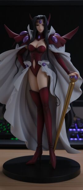 ai_generated alcyone_(rayearth) armor black_hair boots breasts bridal_gauntlets cane cape circlet cleavage closed_mouth clothing clothing_cutout detached_collar detached_sleeves female footwear forehead_jewel forehead_protector full_body gem hand_on_own_hip headgear high_collar high_heel_boots high_heels highleg_leotard large_breasts leotard long_hair looking_at_viewer magic_knight_rayearth medium_breasts nail_polish navel navel_cutout pauldrons purple_eyes red_footwear red_leotard red_thighhighs shoulder_armor shoulder_pads solo staff standing thigh_boots thighhighs very_long_hair white_cape