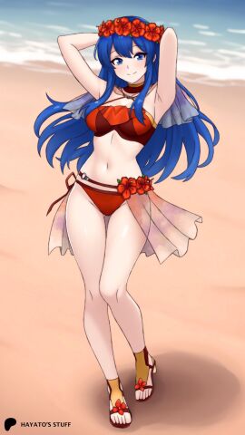 1girls alluring arms_behind_head beach bikini blue_eyes blue_hair cleavage closed_mouth commentary english_commentary fire_emblem fire_emblem:_the_binding_blade fire_emblem_heroes flower full_body gluteal_fold hair_flower hair_ornament hayato_stuff high_heel_sandals high_res intelligent_systems lilina_(fire_emblem) lilina_(summer)_(fire_emblem) long_hair looking_at_viewer medium_breasts navel nintendo official_alternate_costume red_bikini sandals sidelocks smile swimsuit