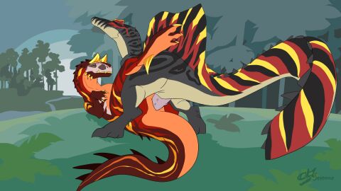 2d_animation abelisaurid animal_genitalia animated carnotaurus dinosaur duo female feral from_front_position genitals hi_res loop lying male male/female male_on_top missionary_position nature nature_background on_back on_top penetration penile penile_penetration penis penis_in_pussy prehistoric_species pussy reptile scalie sevenma sex spiked_penis spikes spikes_(anatomy) spinosaurid spinosaurus theropod vaginal_penetration