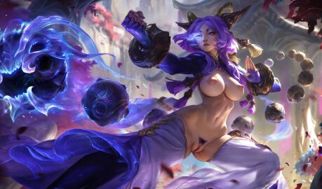 breasts_out female_pubic_hair league_of_legends muscular naked_female official_artwork_edit pussy_cutout riot_games yunara yunara_(league_of_legends)