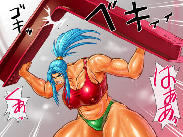 1girls amazon big_breasts blue_eyes blue_hair breasts circle_max female holding_object huge_breasts king_of_fighters leona_heidern lifting light-skinned_female light_skin long_hair muscles muscular muscular_female nipple_bulge nipples nipples_visible_through_clothing ponytail red_bra shiny shiny_clothes tan tank_top thick thick_legs thick_thighs thighs thong tight_clothes tight_clothing voluptuous voluptuous_female wet wide_hips