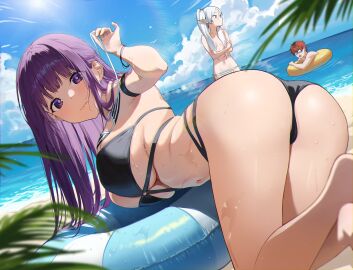 1boy 2girls beach bikini black_swimsuit blue_sky breasts busty female female_focus fern_(sousou_no_frieren) frieren male multiple_females multiple_girls pout pouting pouty_lips purple_eyes purple_hair solo_focus sousou_no_frieren stark_(sousou_no_frieren) swimsuit white_bikini white_swimsuit
