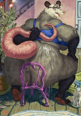 2024 american_opossum anthro armpit_hair ass ass_hair barefoot big_ass big_breasts big_butt big_tail black_markings blue_clothing blue_topwear body_hair bottomless breasts broken_chair chair claws clothed clothing desamistesae_fafratarello_flumendo_styx digital_media_(artwork) digital_painting_(artwork) dyna_soar eyelashes eyewear feet female floor full-length_portrait fur furniture glasses grey_body grey_fur hand_on_leg hi_res holding_tail huge_ass huge_butt inside lamp looking_back mammal markings marsupial obese obese_female oil oiled_body on_chair open_mouth overweight overweight_female pink_chair plant plant_pot portrait potted_plant rear_view rug signature sitting sitting_on_chair soles solo spray_bottle tail thick_thighs topwear whiskers white_body white_fur wide_hips wood wood_floor