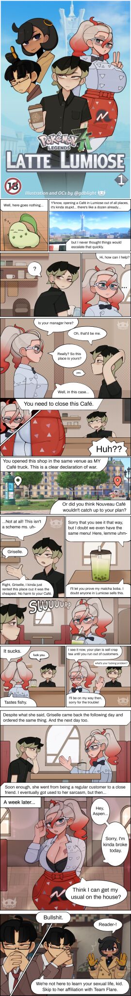 aspen_(gdblight) ass black_hair blonde_hair blue_eyes breasts chikorita cleavage comic dyed_hair emma_(pokemon) femboy gdblight glasses griselle_(pokemon) original pink_eyes pokemon pokemon_legends:_z-a prostitution reader_(gdblight) red_eyes tattoo text