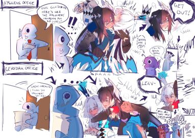 2girls black_gloves black_hair blue_dress blue_eyes blush cerydra_(honkai:_star_rail) commentary door dress english_commentary english_text female fingering fish gloves highres honkai:_star_rail honkai_(series) hysilens_(honkai:_star_rail) long_hair multiple_females multiple_girls necktie open_mouth purple_eyes red_necktie speech_bubble viroshi white_hair yuri