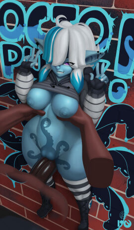 blue_skin boots bottomless dark-skinned_male dark_skin female goblin goblin_female graffiti human lifting_person male neozoa nz_naughty outercourse painted_nails pinned_to_wall purple_eyes seffie_(goblin_peewee) sex standing_missionary standing_sex tattoo thighhighs top_pulled_up white_hair