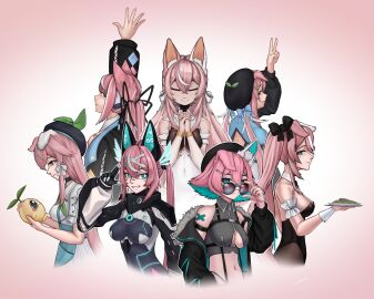 1girls animal_ears ass back bangs bare_shoulders beret black_dress blue_eyes bow breasts bunnysuit carrot closed_eyes cropped_torso detached_sleeves dog_ears dog_girl dress eating eyebrows_visible_through_hair female food from_side fruit hair_between_eyes hair_ornament hat headphones holding holding_food holding_fruit hood hoodie jacket leaf leotard long_hair long_sleeves looking_at_viewer multiple_views object_on_head off_shoulder open_mouth pink_hair profile puffy_sleeves small_breasts smile strapless veil very_long_hair virtual_youtuber vyugen yuniiho_(character)