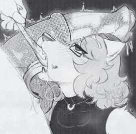 2024 andy_(shizumoh) animal_genitalia animal_penis anthro arctic_fox big_penis canid canine condom condom_in_mouth condom_stuck_in_throat digital_drawing_(artwork) digital_media_(artwork) duo emanata equine_genitalia equine_penis eyewear faceless_character fox genitals glasses greyscale group halftone hi_res huge_cock jewelry kinktober_2024 male mammal medial_ring monochrome mouth_hold necklace object_in_mouth oral_fixation penis penis_on_face sexual_barrier_device shaking sharp_teeth shizumoh teeth trans_man transmasc trembling trio true_fox