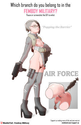 1boy anal_juice anal_plug androgynous anus boots buttplug catheter chastity_cage chastity_device clothing femboy femboy_military firearm full_body gaping_anus glasses grey_hair gun handgun high_heel_boots high_heels human male male_only military nimbletail nipples original pale_skin platform_heels sounding