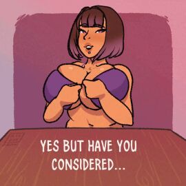 1girls animated animated_gif areola areolae bare_breasts big_breasts blush blushing_at_viewer breast_focus breasts breasts_bigger_than_head breasts_focus breasts_on_table breasts_out busty curvaceous curvy curvy_body curvy_female dark-skinned_female dark_skin dialogue english_text exposed_breasts eye_contact fair_argument_but… female female_focus female_only freckled_skin freckles gif huge_breasts large_breasts light-skinned_female light_skin looking_at_viewer luna_(risquedraws) medium_hair meme multicolored_hair nipple_piercing nipples oc open_shirt opening_shirt original original_character pierced_nipples piercing piercings pov pov_eye_contact purple_eyes purple_hair risquedraws solo solo_female solo_focus tagme talking talking_to_viewer text thump top_heavy undressed undressing undressing_self voluptuous voluptuous_female