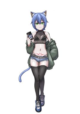 1boy animal_ears bare_arms bare_shoulders bare_thighs bishounen cat_boy cat_ears cat_tail cellphone collarbone commission crossdressing femboy fishnet_top fishnets flat_chest full_body green_eyes green_jacket grimbell highres holding holding_phone indie_virtual_youtuber jacket light_smile male male_only micro_shorts monori-chan navel otoko_no_ko panties phone pubic_tattoo revealing_clothes shoes shorts shoulders smartphone smug sneakers solo standing stomach streetwear string_panties tail tattoo thighhighs thighs transparent_background triangle_bra underwear undressing virtual_youtuber