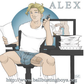 1:1 1boy blonde_hair bulge champsartlocker computer cum cum_drip gay male male_only muscular original penis penis_out penis_through_leghole simple_background solo tagme white_background yaoi