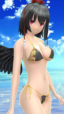 1girls 2023 3d beach belly_button bikini black-haired_female breasts cleavage clouds female hati_yukkuri_mmd headwear light-skinned_female light_skin looking_at_viewer mmd mountain_of_faith outdoors red_eyes shameimaru_aya short-haired_female sky smiling_at_viewer solo_female solo_focus swimsuit tengu tokin_hat touhou water wings
