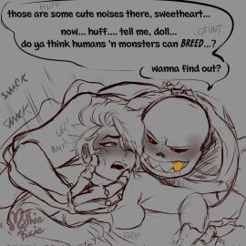 1boy 1girls 2d ambiguous_penetration blush dialogue english_text female gold_tooth human human_female humanoid imminent_sex male mothiepixie motti_(mothiepixie) oc red_eyes sans sans_(underfell) sans_au size_difference skeleton talking text underfell undertale undertale_(series) undertale_au undertale_fanfiction