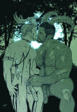 2boys absurdres bara beard_stubble blood_on_face completely_nude couple curled_horns cuts dagger exemi exxxemi facial_hair feet_out_of_frame flaccid foreplay foreskin forest from_side full_moon girthy_penis green_theme hairy highres horns huge_pectorals injury interracial kissing knife large_horns large_pectorals male male_focus male_pubic_hair mature_male moon multiple_boys multiple_males muscles nature navel navel_hair night night_sky nipples nude original pectorals penis plump pointy_ears profile pubic_hair shoulder_tattoo sitting sky stubble tattoo thick_arm_hair thick_chest_hair thick_eyebrows thick_navel_hair thighs toned toned_male tribal uncensored uncircumcised weapon yaoi