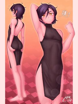 adrian_(cabronpr) angry annoyed armpit armpits breasts cabronpr cheongsam chinese_clothes chinese_dress feet female flat_chest holding_ass holding_butt holding_own_ass original original_character qipao qipao_dress short_hair small_breasts tomboy