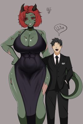 1boy 1girls abs churs_665 dress female green_skin liza_(churs_665) lizard male muscular original_character red_hair smaller_male taller_female wife