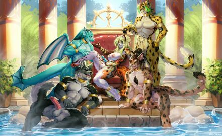 2024 4_toes 5_fingers abs anklet anthro anthro_on_anthro armlet athletic athletic_anthro athletic_male balls black_nose blonde_hair bracelet brown_hair canid canine canis chair cheetah collaboration digit_ring dragon feet felid feline female fingers fur furniture furry_only genitals gold_(metal) gold_anklet gold_armlet gold_bracelet gold_jewelry green_body green_scales grey_body grey_fur group hair hi_res hindpaw humanoid_hands jewelry male male/female mammal markings multicolored_body multicolored_fur mythological_creature mythological_scalie mythology navel nipples nude ongi paws penis ring scales scalie snegireva spots spotted_body spotted_fur throne toe_ring toes two-tone_body two-tone_fur water white_body white_fur wolf yellow_body yellow_fur