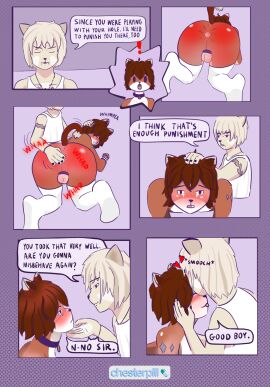 all_fours animal_humanoid anthro anus anus_focus anus_spanking arm_warmers armwear ass ass_up backsack balls ballsack blush bodily_fluids bondage bottomwear bound bracelet butt_slap cat_humanoid chain_bracelet chastity_cage chastity_device chesterpill closed_eyes clothing collar comic crop_top denim denim_bottomwear denim_clothing dialogue discipline domestic_cat dominant dominant_male duo embarrassed english_text exclamation_point felid felid_humanoid feline feline_humanoid felis femboy footwear forehead_kiss genitals hand_on_cheek hand_on_chin hand_on_hair hand_on_head hand_spanking heart_symbol hi_res humanoid humiliation jeans jewelry kissing legwear love male male/male mammal mammal_humanoid midriff mostly_nude on_lap oral orange_body pants patronizing petplay presenting presenting_anus presenting_hindquarters punishment raised_tail roleplay shirt slap smile socks spank_marks spanking spanking_paddle speech_bubble spread_anus spreading squirming stockings story submissive submissive_male tail tattoo tears text thigh_highs tongue tongue_out topwear