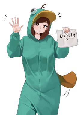 1girls aged_up baggy_clothing brown_eyes brown_hair disney disney_channel english_text female gravity_falls light-skinned_female light_skin mabel_pines nia4294 nia_(nia4294) onesie paper perry_the_platypus phineas_and_ferb solo waving white_background