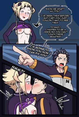 1boy 1girls apoelayoshi7 black_hair black_hair_male boobs breasts capella_emerada_lugunica english_text female kissing male natsuki_subaru nipples no_bra open_mouth re:zero_kara_hajimeru_isekai_seikatsu text tits woman