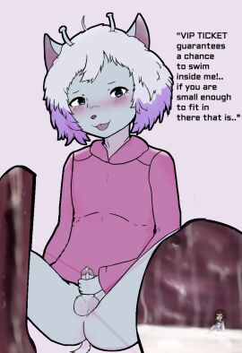 alien antennae_(anatomy) anthro balls blush bodily_fluids clothed clothing cock_vore cum genital_fluids genitals hi_res human inside_balls inside_penis internal leksan macro male mammal micro micro_in_cum original original_character pantsless penile penis penis_grab purple_clothing swimming_in_cum tail teruni-inamor text tongue tongue_out urethra virelli vore