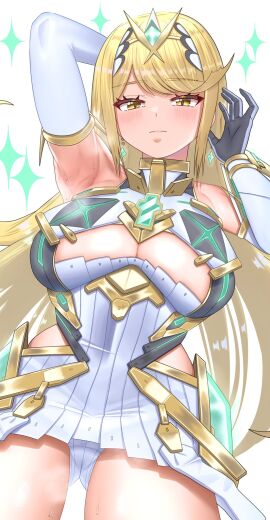 armpits arms_up black_gloves blonde_hair blush breasts cleavage cleavage_cutout closed_mouth clothing_cutout core_crystal covered_navel cowboy_shot dress elbow_gloves eyelashes female gloves gluteal_fold gold_trim highres impossible_clothes large_breasts long_hair looking_at_viewer meipasuye mythra panties short_dress side_cutout simple_background solo sparkle sweat sweatdrop swept_bangs thighs tiara underwear very_long_hair white_background white_dress white_gloves white_panties xenoblade_(series) xenoblade_chronicles_2 yellow_eyes