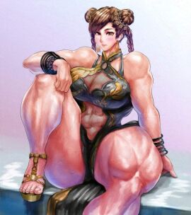 1girls abs armwear artist_request athletic athletic_female bare_thighs big_breasts big_thighs black_dress breasts brown_eyes brown_hair capcom chinese_clothes chun-li cleavage curvaceous curvy_body curvy_female dress_slit earrings extreme_muscles female female_only hand_on_leg huge_breasts huge_thighs light-skinned_female light_skin muscles muscular muscular_arms muscular_female muscular_thighs sandals sitting sitting_down street_fighter thick_thighs thunder_thighs voluptuous voluptuous_female wide_hips wristband