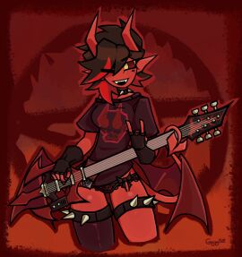 1girls bra demon demon_girl demon_horns electric_guitar embers female guitar hi_res highres looking_at_viewer notyoursagittarius panties red_skin sillyoose solo spiked_bracelet spiked_collar trident winking_at_viewer