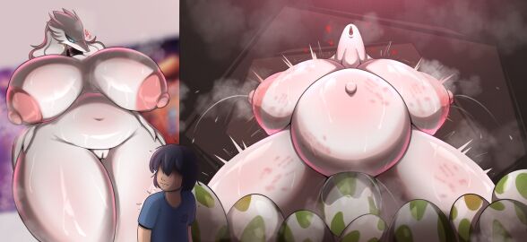 anthro areola arm_markings belly big_belly big_breasts blue_eyes bodily_fluids breasts digital_media_(artwork) duo egg egg_laying female fur genital_fluids genitals hand_markings heart_symbol hi_res huge_breasts huge_thighs human interspecies lactation larger_female legendary_pokemon male mammal markings milk moon_lordyeet mythological_creature mythological_scalie mythology naked navel nintendo nipples nude open_mouth pokemon pokemon_(species) pokemon_egg pokémon_(species) pregnant pregnant_anthro pregnant_female pussy reshiram scalie simple_background size_difference spread_legs spreading sweat sweatdrop thick_thighs white_body white_fur wide_hips