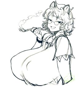 1girls breasts female glasses huge_breasts mamizou_futatsuiwa monochrome smoking smoking_pipe spacezin tanuki tanuki_girl tanuki_humanoid touhou