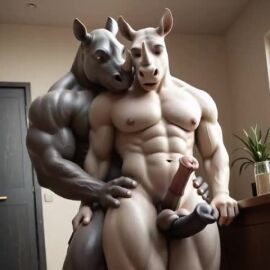 abs ai_generated animated anthro dark_penis dark_skin equine_penis furry gay grabbing_another's_hips grey_skin horns indoors legs_together male/male male_only muscular navel nipples pectorals rhinoceros standing tagme testicles thigh_sex video yaoi
