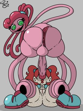 2girls accessory animate_inanimate ass balls big_ass big_butt blush blush_stickers bow_ribbon clothing doll duo eyelashes female footwear freckled_butt freckled_face freckles futanari genitals green_eyes grey_background hair hair_accessory hair_ribbon hairband hairbow headgear headwear hi_res imminent_rape imminent_sex intersex intersex/female lipstick living_doll living_toy long_hair long_neck makeup mob_entertainment mommy_long_legs navel penis pink_body pink_hair pink_lipstick pinned ponytail poppy_(poppy_playtime) poppy_playtime pussy red_hair red_lipstick restrained ribbons shoes signature simple_background size_difference toni_oni twintails vein veiny_penis white_body