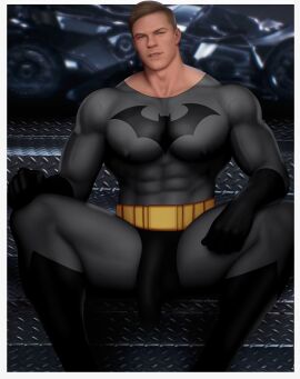1boy abs actor alan_ritchson batman batman:_the_brave_and_the_bold_(2025) batman_(bruce_wayne) biceps big_bulge bruce_wayne bulge caucasian caucasian_male celebrity clothed dc dc_comics drawnpr0n huge_bulge in_character male male_only muscles muscular muscular_male pecs sitting solo solo_male spread_legs thick_thighs