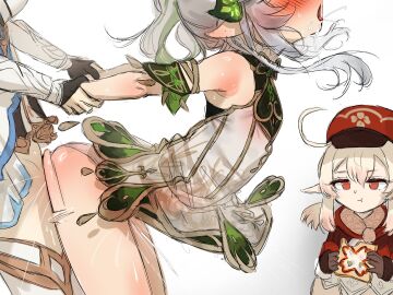 3girls bent_over blonde_hair closed_mouth clothed_sex commentary dress eating english_commentary futa_with_female futanari genshin_impact green_hair grey_hair hat highres holding_another's_wrist klee_(genshin_impact) long_hair lumine_(genshin_impact) multicolored_hair multiple_girls nahida_(genshin_impact) open_mouth pointy_ears red_hat sex sex_from_behind simple_background streaked_hair tongue tongue_out torten watching white_background white_dress