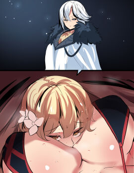 2girls absurdres arlecchino_(genshin_impact) between_breasts bikini black_bikini black_hair blonde_hair breast_smother breasts closed_eyes coat commentary face_between_breasts face_to_breasts female flower fur-trimmed_coat fur_trim genshin_impact hair_between_eyes hair_flower hair_ornament head_between_breasts heart heart-shaped_pupils heart_in_eye highres hinghoi large_breasts lumine_(genshin_impact) multicolored_hair multiple_females multiple_girls shared_clothes short_hair streaked_hair sweat swimsuit symbol-only_commentary symbol-shaped_pupils white_coat white_hair yellow_eyes yuri