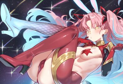 1girls ass breasts cameltoe collared_shrug crotchless earrings ebora facial_mark fate/grand_order fate_(series) female female_only forehead_mark frontless_outfit hair_ribbon high_heels hoop_earrings ishtar_(fate) jewelry latex latex_legwear long_hair medium_breasts multicolored_hair pasties pink_hair pussy rabbit_ears red_footwear reverse_bunnysuit reverse_outfit ribbon shooting solo space_ishtar_(fate) star_pasties two_side_up yellow_eyes youngmanisdown