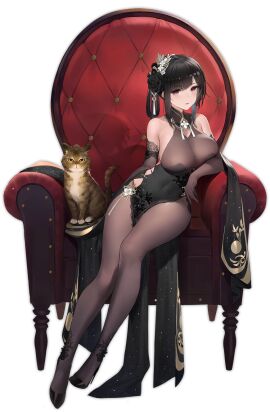 azur_lane bare_shoulders black_background black_dress black_flower black_footwear black_gloves black_hair black_rose bodystocking breasts cg chair chen_hai_(azur_lane) chen_hai_(vestibule_of_wonders)_(azur_lane) china_dress chinese_clothes cleavage covered_navel dress elbow_gloves feline female flower full_body gloves hair_flower hair_ornament high_heels lace-trimmed_gloves large_breasts looking_at_viewer official_alternate_costume official_art pantyhose pelvic_curtain purple_eyes red_eyes rose see-through simple_background sitting solo taut_clothes taut_dress