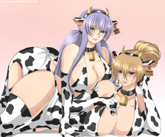2girls ass athena_(saint_seiya) belly big_ass blonde_hair blue_eyes blush breasts cleavage collar cow_print crane_yuzuriha duo female female_only huge_breasts ingridd88 large_breasts loking_back long_hair on_top on_top_of_another ponytail purple_hair saint_seiya saint_seiya:_the_lost_canvas sasha_(saint_seiya) silver_saints smile twintails