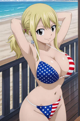 1girls 4th_of_july ai_generated american_flag_bikini beach bikini blonde-haired_female blonde_female blonde_hair brown_eyes day daytime fairy_tail female_focus fourth_of_july hair_tie hands_behind_head hi_res hires lucy_heartfilia ocean red_hair_tie solo solo_female stars stripes united_states_of_america upscaled