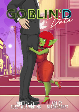 1boy 1girls background big_breasts blackhornet blind_date blue_eyes breasts clothing cover_page crotch date digital_drawing_(artwork) digital_media_(artwork) digital_painting_(artwork) dress elegant elegant_dress face_against_crotch face_in_crotch female goblin goblin_female goblin_on_human grabbing_legs green_skin green_skinned_female height_difference hi_res high_heels highres hug human interspecies lipstick looking_at_partner looking_up makeup male male/female one_eye_closed outdoors outside red_dress red_hair short_hair shortstack size_difference smile smirk smirking smirking_at_partner squeezing_breast standing