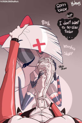 1futa 1girls balls breasts canon_couple charlie_morningstar charlie_morningstar_(hazbin_hotel) clothed clothing dialogue duo english_text erection faceless_character faceless_futa fellatio female futa_on_female futa_pov futanari giver_pov grey_skin hazbin_hotel high-angle_view huge_cock humanoid intersex kneeling long_hair long_penis madmark mostly_clothed oral penis penis_out pov sex standing text thighhighs vaggie_(hazbin_hotel) vivienne_medrano warts warty_penis white_hair