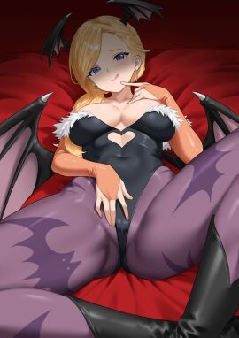 1girls blonde_female blonde_hair boots british_female cleavage_cutout cleavage_window cross_earring dragon_age fake_wings hood_(azur_lane) leotard looking_at_viewer lying_on_bed morrigan_aensland morrigan_aensland_(cosplay) parallelrey purple_eyes sticking_out_tongue sticking_tongue_out tongue_out touching_pussy touching_self wings wings_on_head