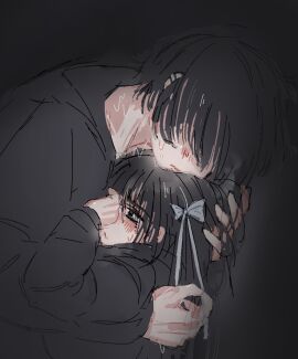 1boy 1girls 2024 2d aroused black_eyes black_hair black_hoodie blush brother_and_sister character_request clothing couple dark dark_room embarrassed emo female goth goth_girl grey_bow hair_bow hair_over_eyes hand_in_another's_hair hand_on_another's_head headpat hug hugging incest indoors leaning leaning_on_person long_bangs love male mole mole_under_eye nervous nervous_male original petting pierced_ears popisya pout self_upload size_difference steam straight sweat sweating wholesome