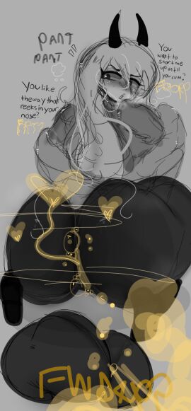 1girls ass big_ass chainsaw_man demon dialogue fart fart_cloud fart_fetish female grey_background horns lashes leggings long_hair musk power_(chainsaw_man) round_ass solo007_(artist)