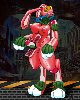 anthro bastianmage bunny_futa erection furry futa_only futanari futasub gas_mask intersex latex original penis rael_bunni robotization shiny_skin solo tech_control transformation