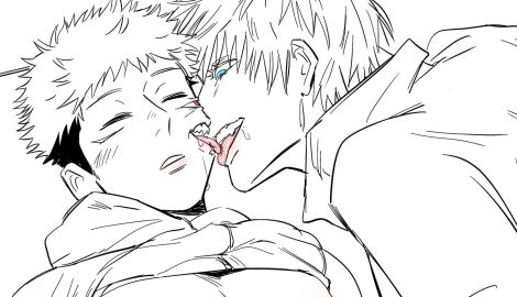 blue_eyes clothed clothed_male crazed_expression crazy_eyes diktdown itadori_yuuji jujutsu_kaisen male possession ryoumen_sukuna_(jujutsu_kaisen) saliva satoru_gojo sleeping somnophilia teeth tongue_kiss yaoi